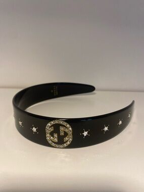Gucci Black Headband with Gold Crystal GG and Star Accents